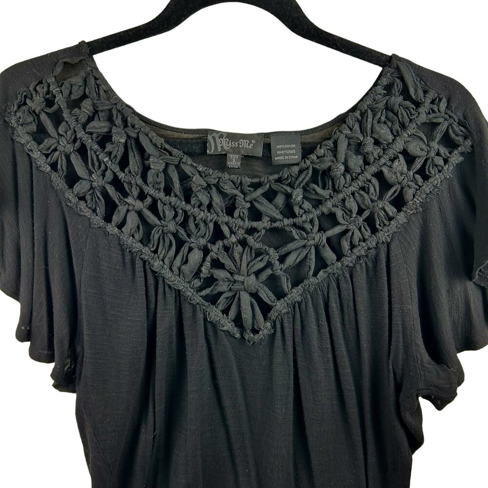 Miss Me Black Crocheted Top SZ S Flutter Sleeve Western Macrame Boho Whimsigoth